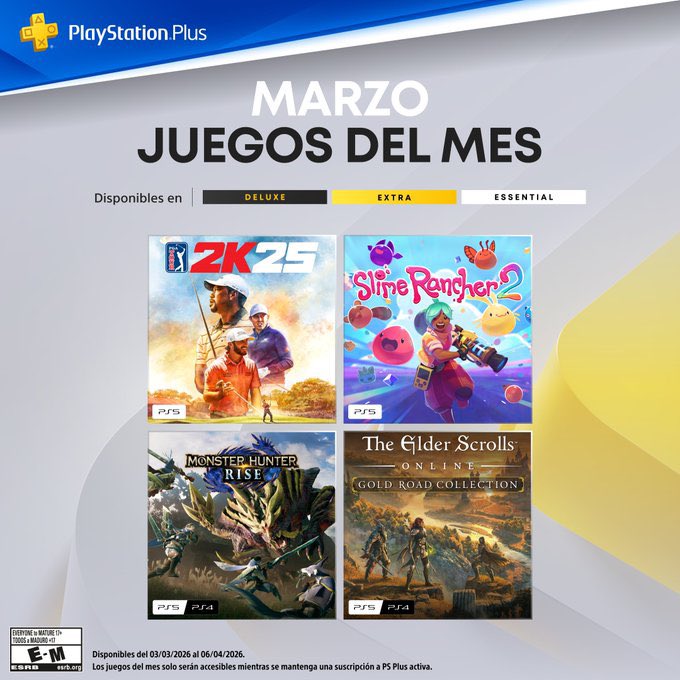 Juegos que estarán disponibles para marzo en PlayStation Plus: PGA Tour 2K25, Monster Hunter Rise, Slime Rancher 2, The Elder Scrolls Online. #GFy #Gaming
