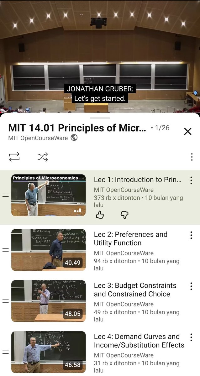 Saking canggihnya teknologi zaman sekarang, materi kuliah bisa diakses gratis di internet walaupun mungkin belum pernah mengambil jenjang tersebut

Salah satu contohnya video kelas ekonomi dari MIT, nonton ini berasa diberi kesempatan merasakan bagaimana kuliah disana🤩