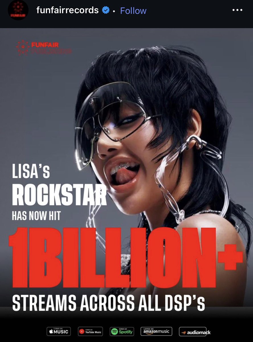 #LISA’s “Rockstar” has now earned over 1 billion on-demand streams worldwide.

<a href="/wearelloud/">LLOUD</a> <a href="/BLACKPINK/">BLACKPINKOFFICIAL</a>