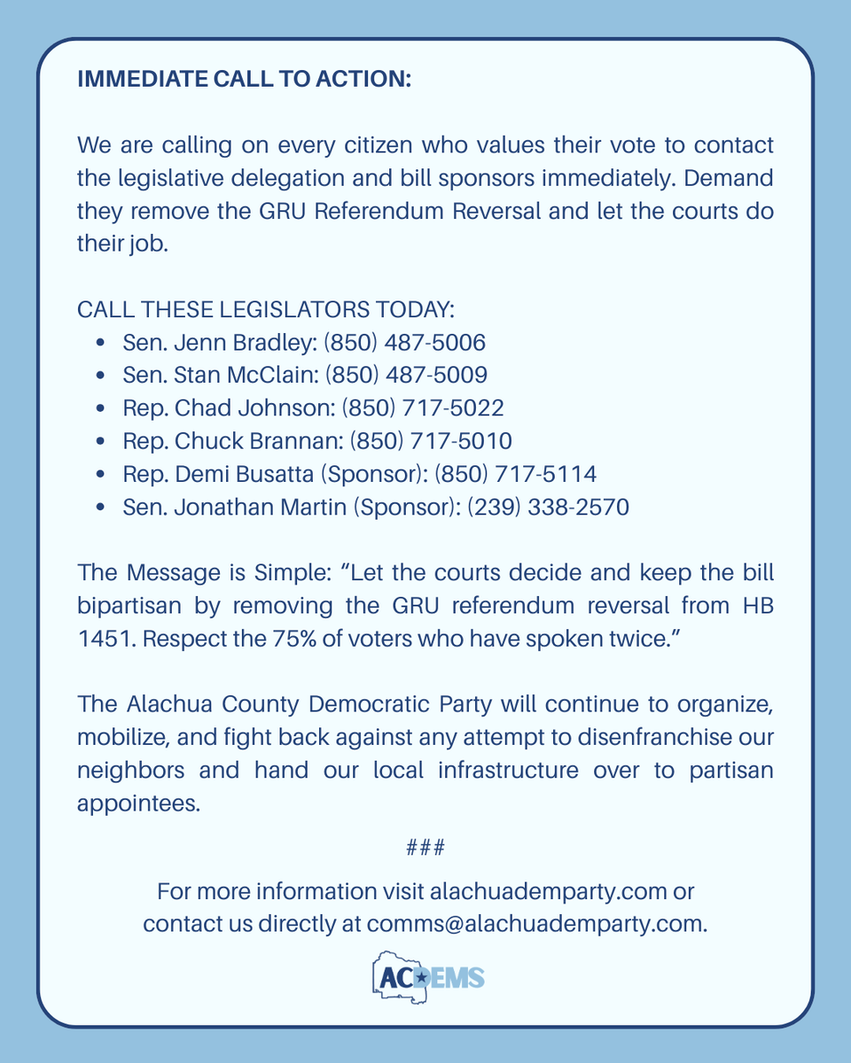Tallahassee Republicans are once again attempting to erase the results of the 2025 GRUA Referendum by slipping an amendment into HB 1451 at its final committee stop.

Read our statement to learn more.

#AlachuaDemocrats #HB1451 #GRUReferendum