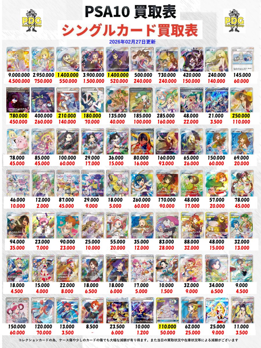 お客様へのお知らせ】 本日2/27(金)のPSA買取表につきまして、 一部