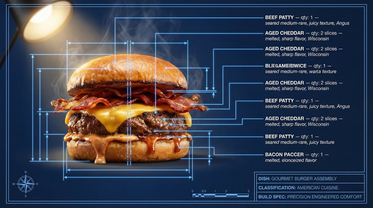 meAsifAi's tweet photo. Created by @FlowbyGoogle 

Prompt:
👇
4K hyperreal food blueprint on navy (#0A1628), warm spotlight, steam frozen.
Electric blue (#4A90D9) CAD lines, clean 90° labels.
NASA × Michelin precision.

#AIFoodArt #BlueprintDesign #TechnicalAesthetic
#FoodVisualization https://t.co/GSjWwGNHpI