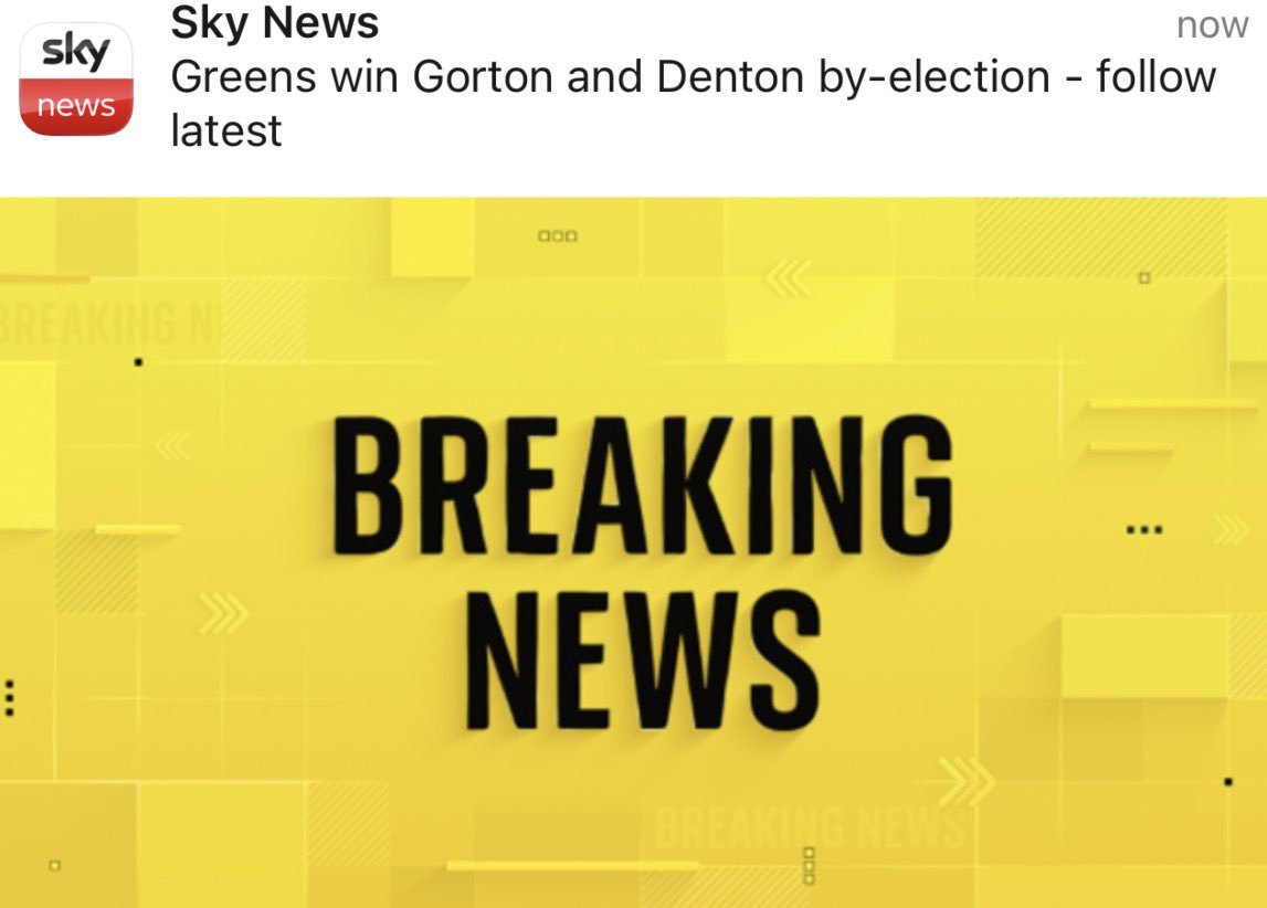 Greens win Gorton and Denton by-election.

Over 4,000 majority and nearly 20% swing. 

This was a staunch safe Labour seat in Manchester and they have been utterly rejected. 

Time for <a href="/Keir_Starmer/">Keir Starmer</a> to go.