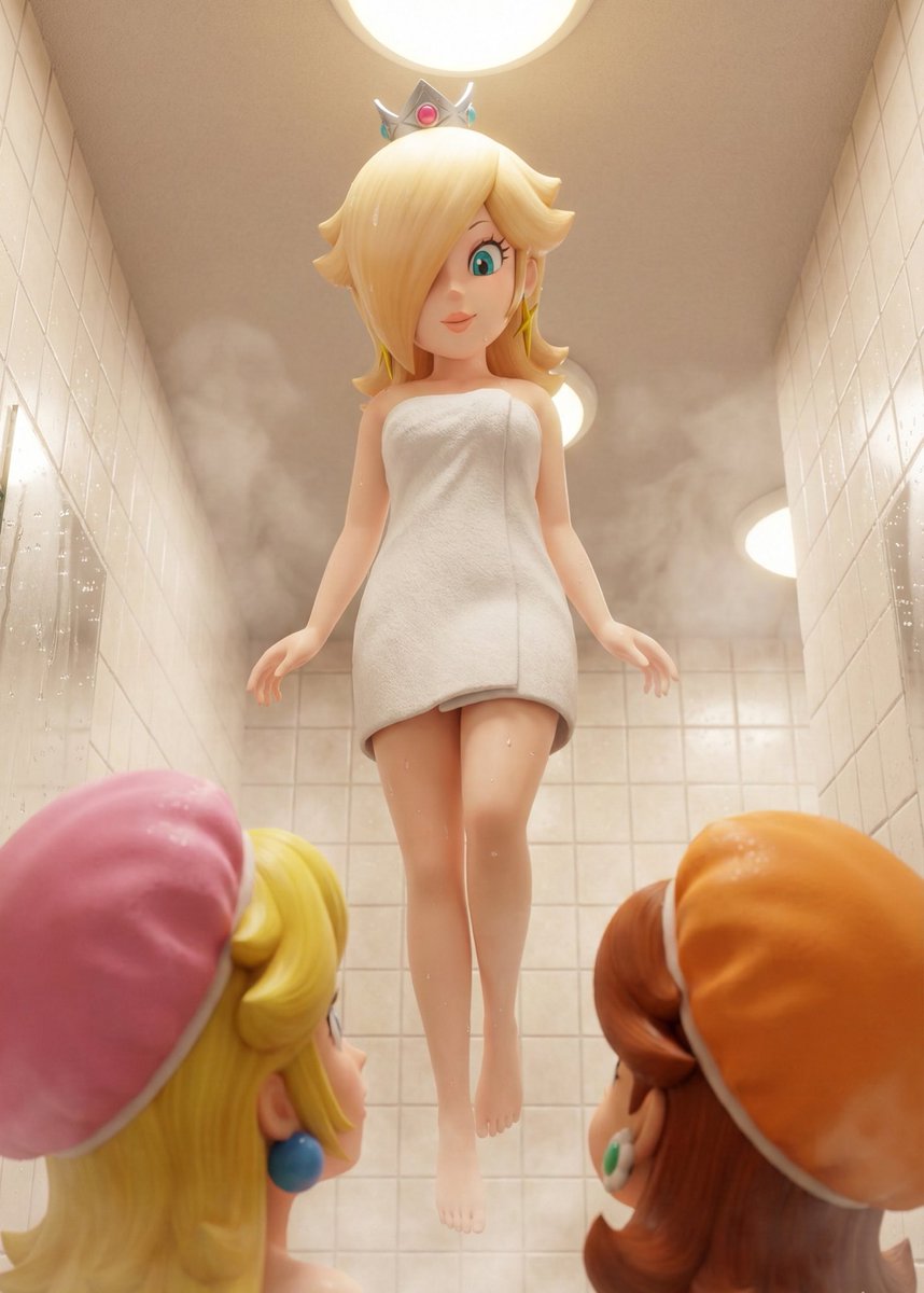 Rosalina greets Princess Peach and Daisy in the showers. Ready for the super Mario Galaxy movie.