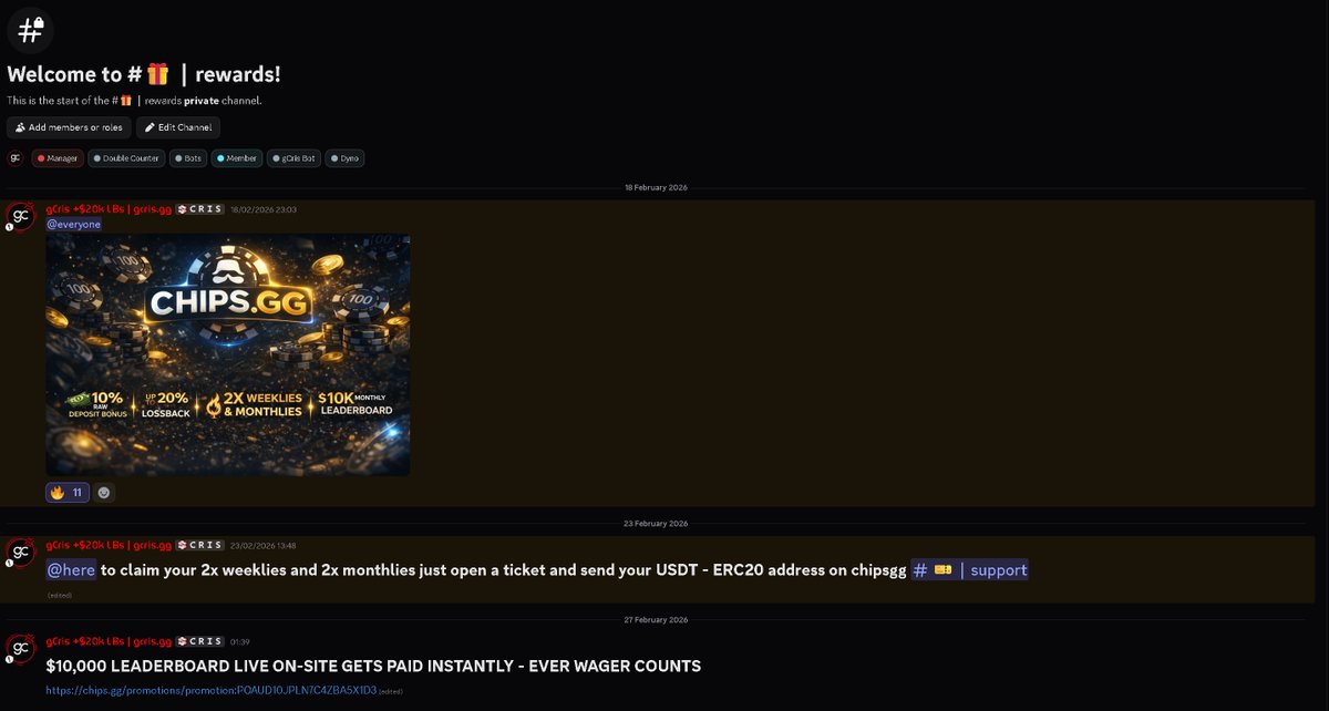 🏆 ALL THE INFO FOR THE $10,000 <a href="/chipsgg/">Chips.gg</a> LEADERBOARD IS NOW ON MY DISCORD! 🏆

If you have any questions just open a ticket and we will help you.
🔗 discord.gg/cris

Remember we offer:
- 10% RAW DEPOSIT BONUSES
- UP TO 20% LOSSBACK
- 2X MONTHLIES
- 2X WEEKLIES
- $10K