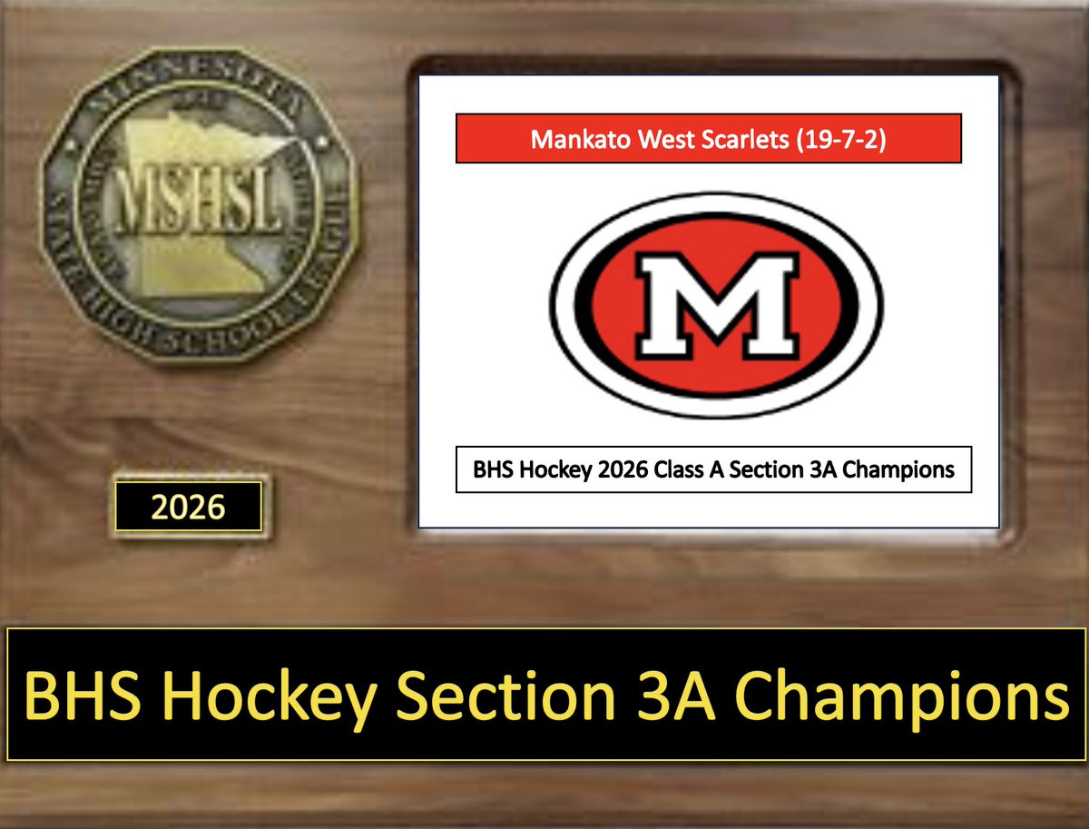 BHS Hockey Section 3A Championship  
#1 Luverne 1
#2 Mankato West 2
Final/3OT
Mankato West gets its revenge as they take down Luverne tonight in overtime. In a great game, the Scarlets Blake Brekke who was the hero in net to get them back to State for the first time since 2016