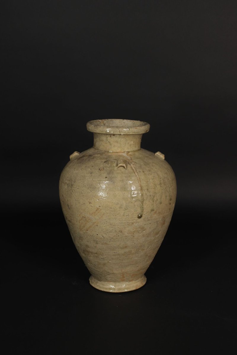 瀬戸灰釉四耳壺 22 × 22 × 33 cm 付木箱（桐・貼札） 古裂會