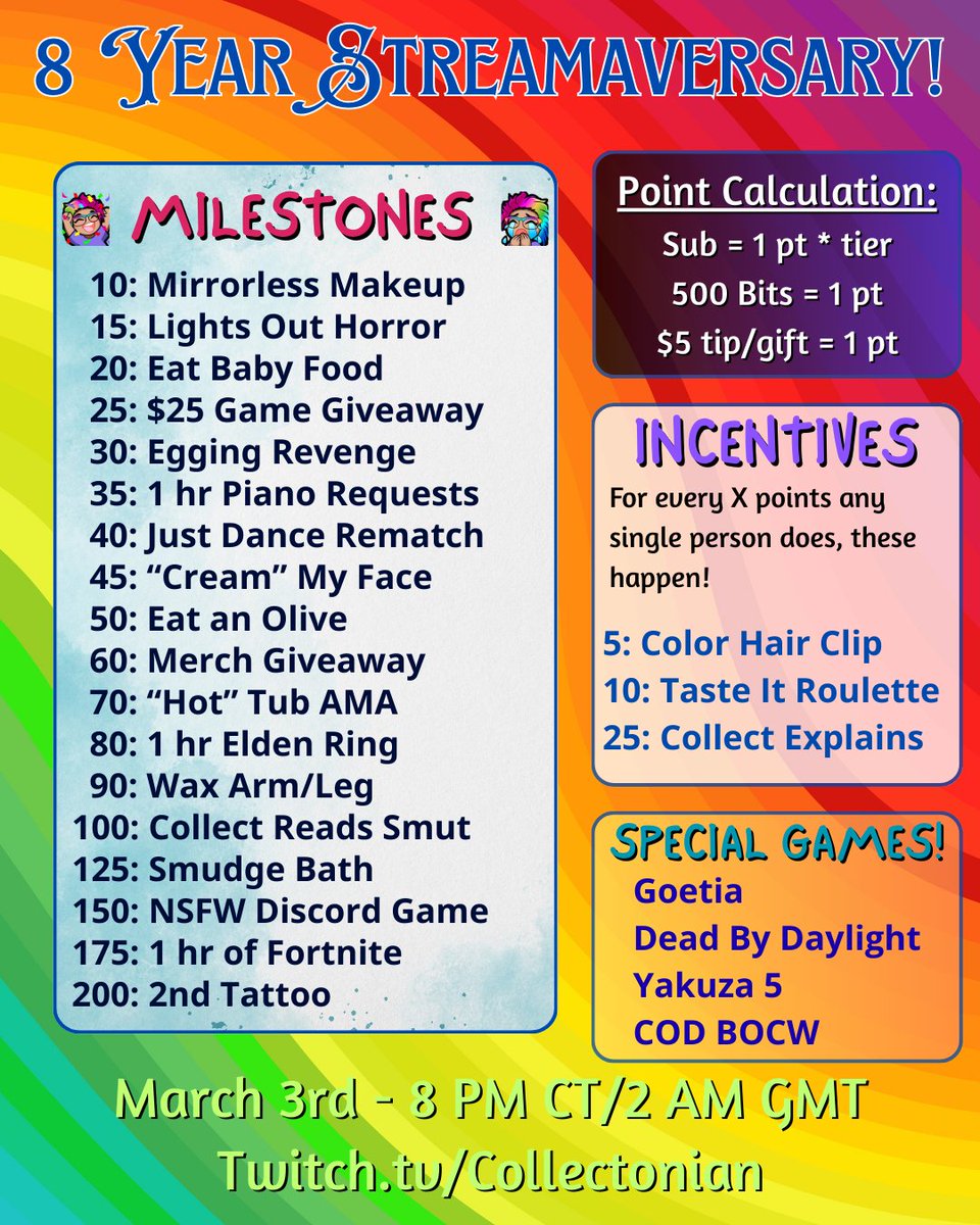 Quick reminder, my 8 year Streamaversary will start March 3, 2026, 8:00 PM CT!  Here's a sneak peek at the milestones, incentives, and planned games!