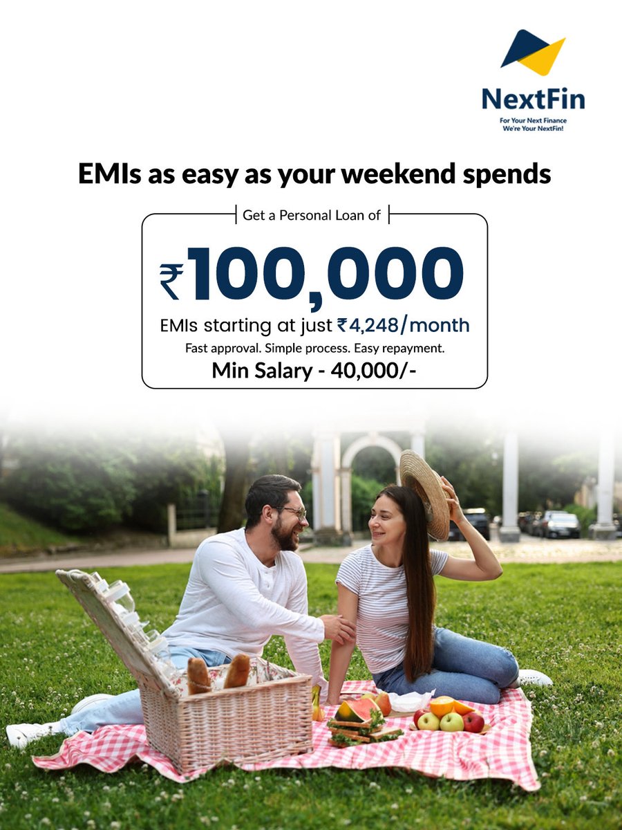 NextFinApp's tweet photo. Weekend plans without money stress.

Get up to ₹1,00,000 with EMIs starting at just ₹4,248/month. 

Fast approval, simple process, easy repayment.

#PersonalLoan #InstantLoan #EMI #LoanApp #QuickApproval #NextFin https://t.co/8KOVqbDJCm