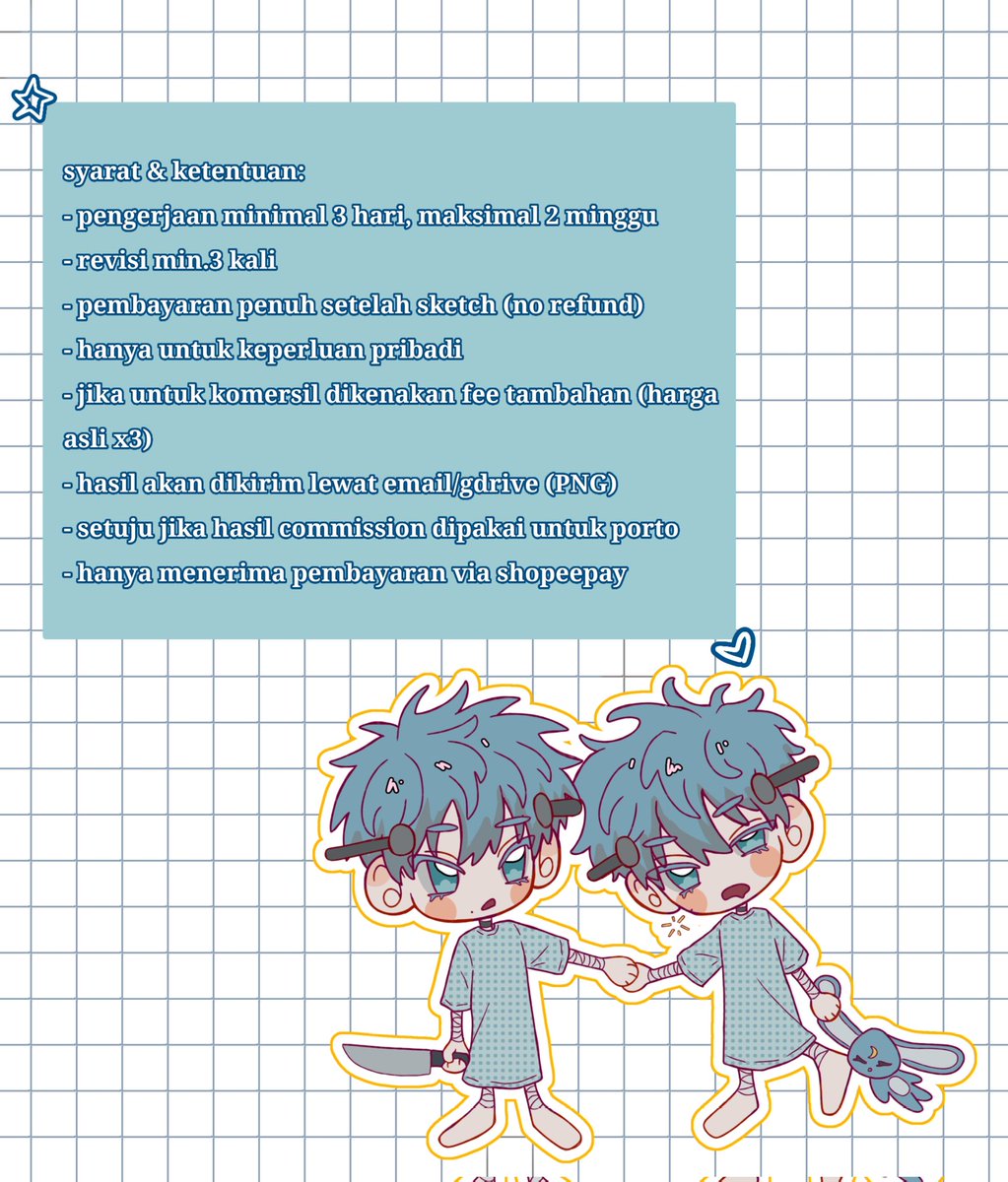 OPEN COMMISSION FOR LOCAL ONLY 🇮🇩 
[Retweet/Like are very appreciated💘]

halo aku open commission chibi style buat 4 slot. if u interested, please dm me ✨

more sample ada dibawah 👇
#commissionart #chibiart #opencommission