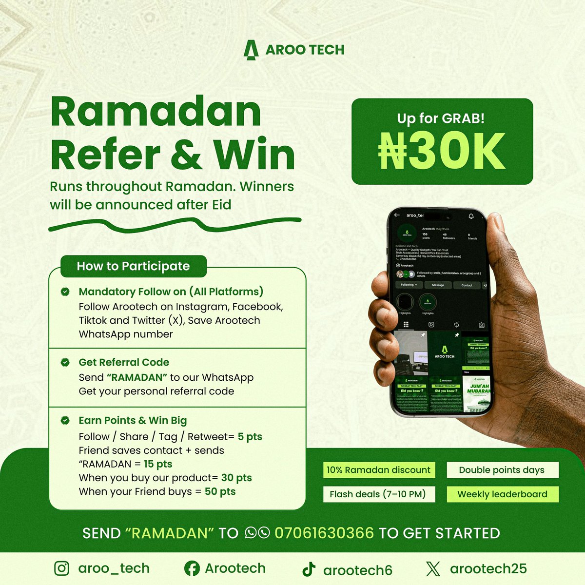 arootech25's tweet photo. Ramadan Refer &amp; Win ₦30,000 💸🔥

1st – ₦15k
2nd – ₦10k
3rd – ₦5k

Follow us
Save our WhatsApp
Send “RAMADAN”
Refer friends
Earn points

Plus 10% discount on all gadgets.

Let the hustle begin 🚀

07061630366 https://t.co/NbO1lNmesw