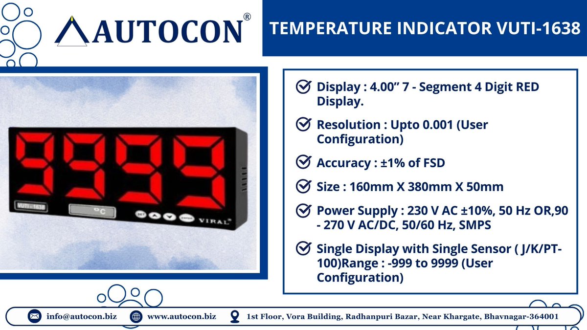 Autocon_Inst's tweet photo. Temperature Indicator VUTI-1638 (Jumbo Display)
Perfect for:
Furnace | Oven | Boiler | Process Control Industries
👉 For more inquiry: https://t.co/egrmcTbqTB
#autocon #ecommerce #TemperatureController #IndustrialAutomation #ProcessControl #processinstrumentation https://t.co/Y0WjhEamYh