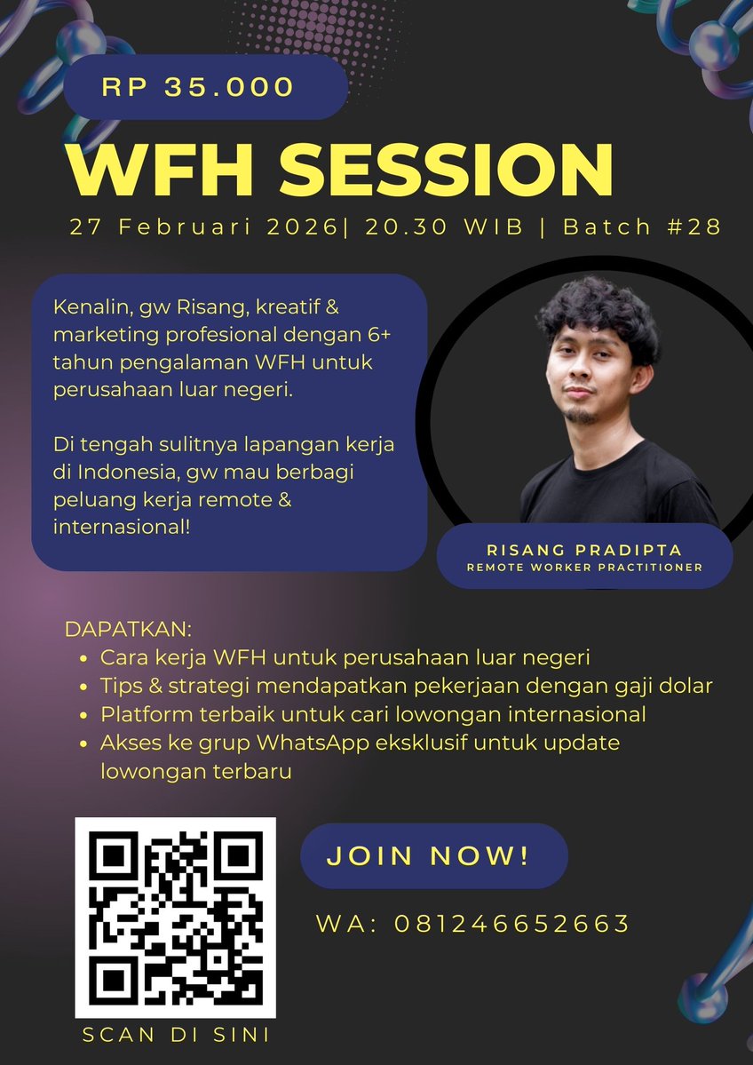 Yang bingung mau kerja WFH luar negeri tapi bingung mulai darimana, ikutan yuk.

Nanti malam jam 8.30 wib yaa

Join di sini ya lnkd.in/gTPhpjV4
