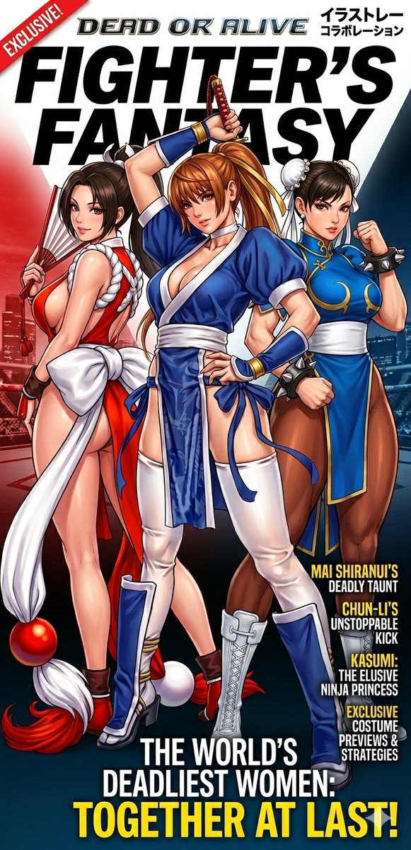 I created this cover featuring the top female exponents of the FG genre:
Kasumi, Chun Li and Mai Shiranui.
They look pretty good, don't you think? 🤩
#Kasumi #ChunLi #MaiShiranui #DOA #StreetFighter #KOF