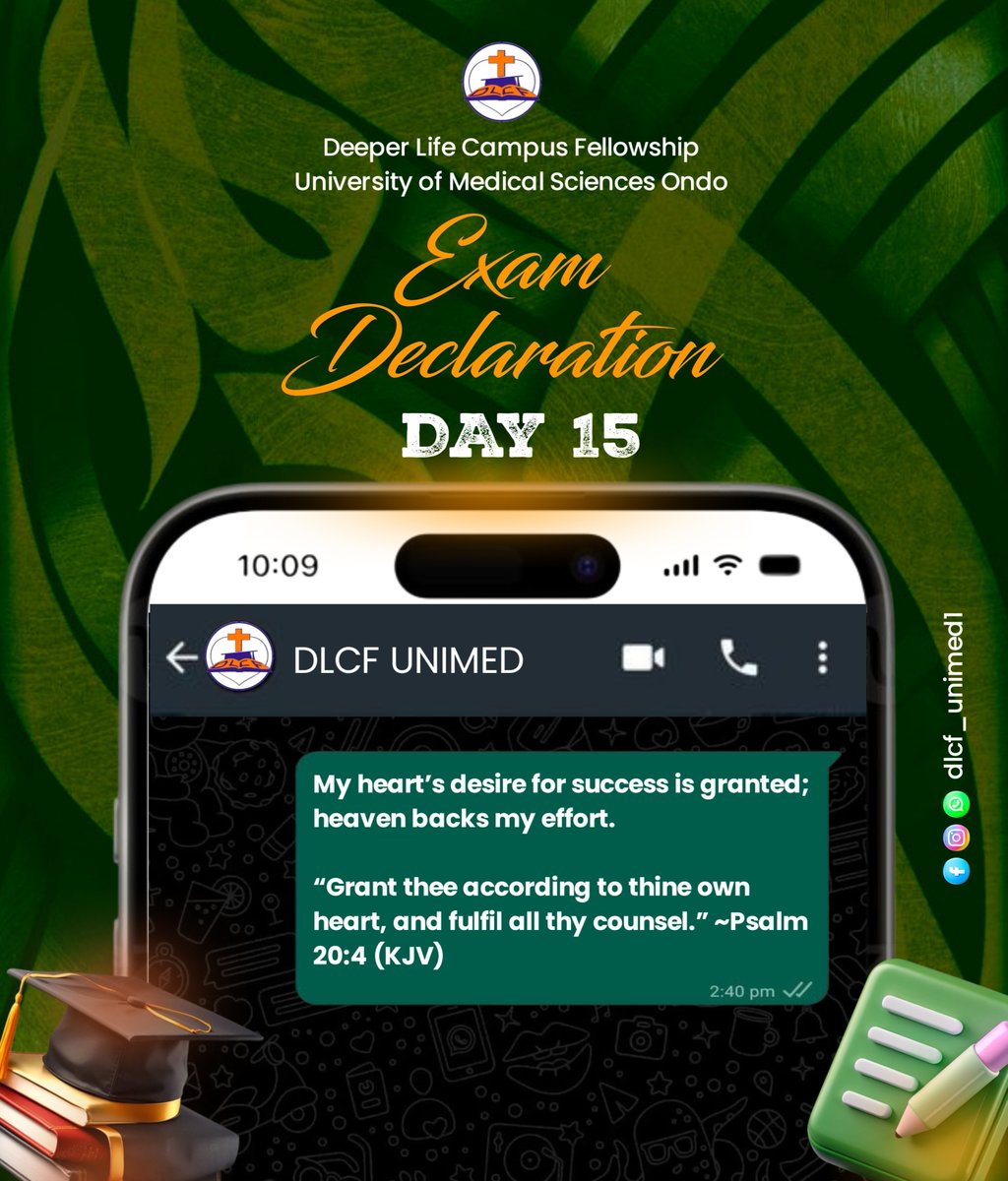 Dlcfunimed's tweet photo. Day 15 Declarations sealed ✨

My heart’s desire for success is granted; heaven backs my effort.

Favour aligns with my preparation, and my results reflect undeniable victory.

© DLCF UNIMED MEDIA TEAM
Wishing all exam success 🙏🏾✨ https://t.co/VoNh9l0HMx