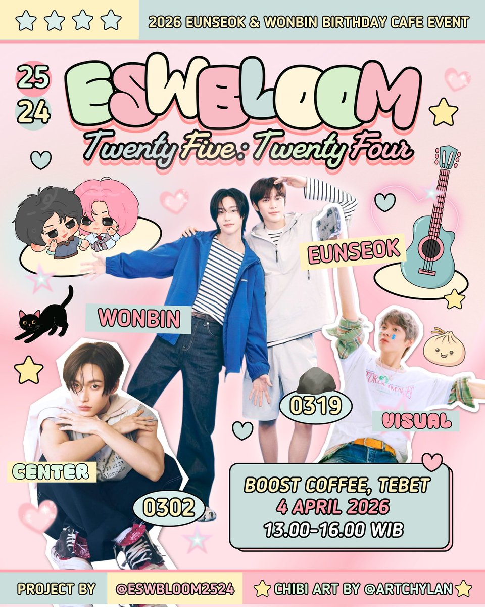 ESWBLOOM2524's tweet photo. ESWBLOOM — Twenty Five : Twenty Four

It's finally blooming 🌸

🗓 04 April 2026, 13.00–16.00 WIB
📍Boost Coffee, Tebet
🎟 85K (merch + drink)

RSVP opens 28 Feb, 12.00 WIB
🔗 https://t.co/fsJQ2ZfKen

See you 🩷

#EUNSEOK #WONBIN
#2524_SeasonOf_ESWB
#ESWBLOOM_TwentyFiveTwentyFour https://t.co/zfVlkwmfVd