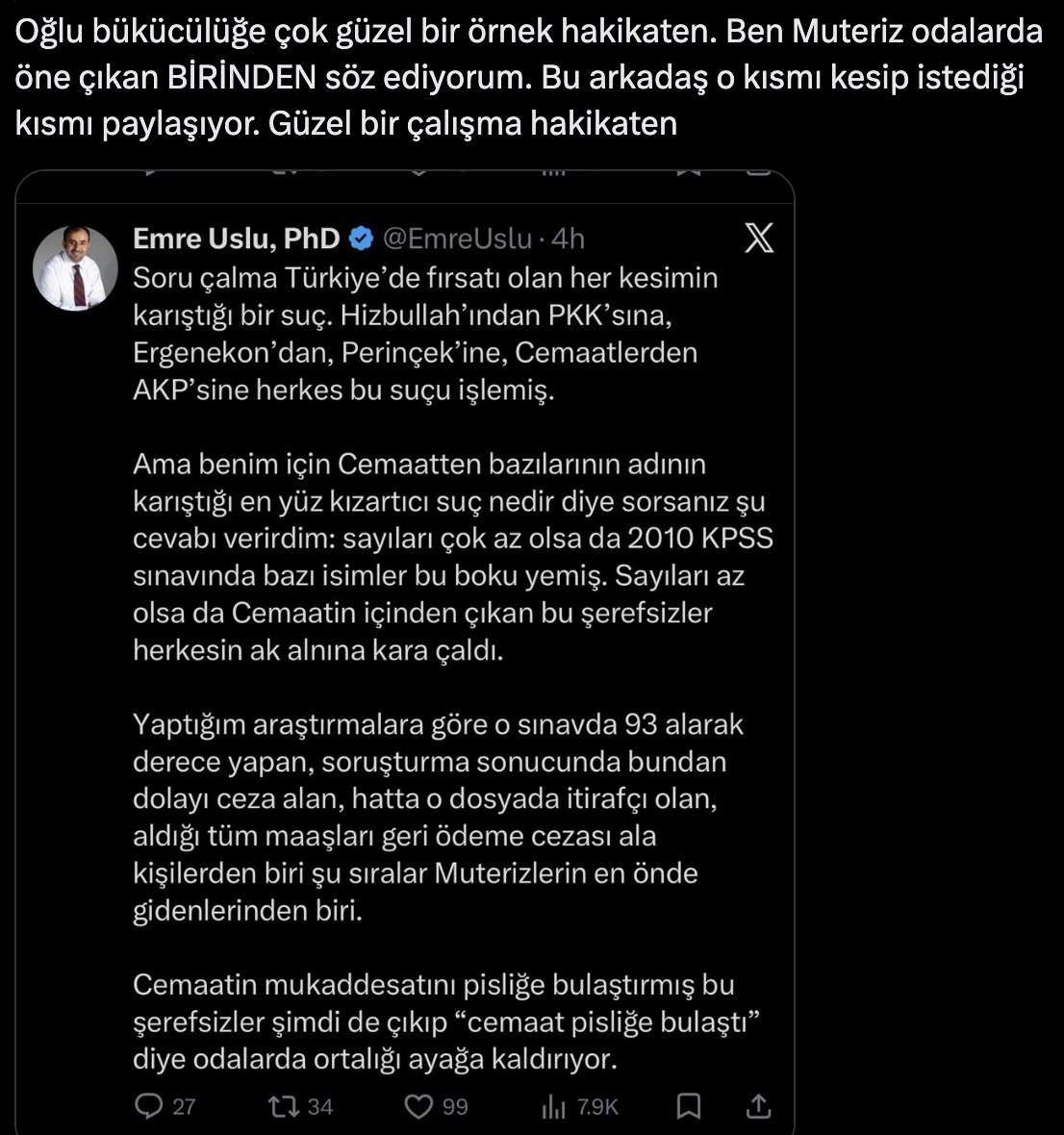 Bir olgu nasıl bükülür dersleri No: 28

Olgu bükmek şudur:

Önce “herkes yaptı” dersin.
Sonra organizasyon ihtimalini buharlaştırıp “birkaç kişi”ye indirgersin.
Yapısal sorumluluğu görünmez kılar, cemaat yöneticilerini masumlaştırır, tek bir ismi vitrine asarsın.
“Bakın,