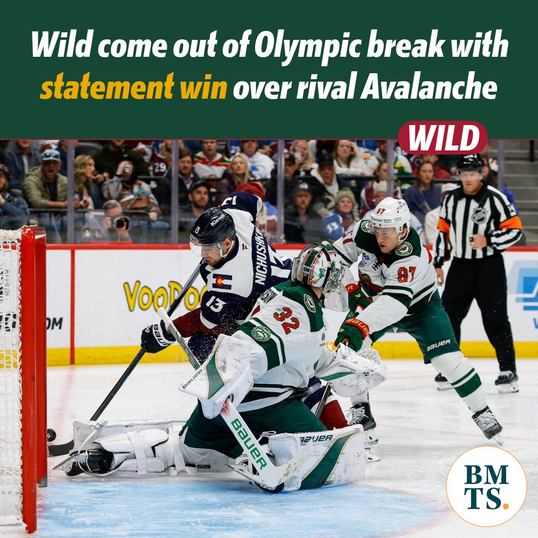 BMTNSports's tweet photo. Filip Gustavsson made 44 saves and Matt Boldy had a four-point night as the Wild picked up a huge road win over the Avalanche.

Recap: https://t.co/T75hhUmz0w https://t.co/v31std6CLt