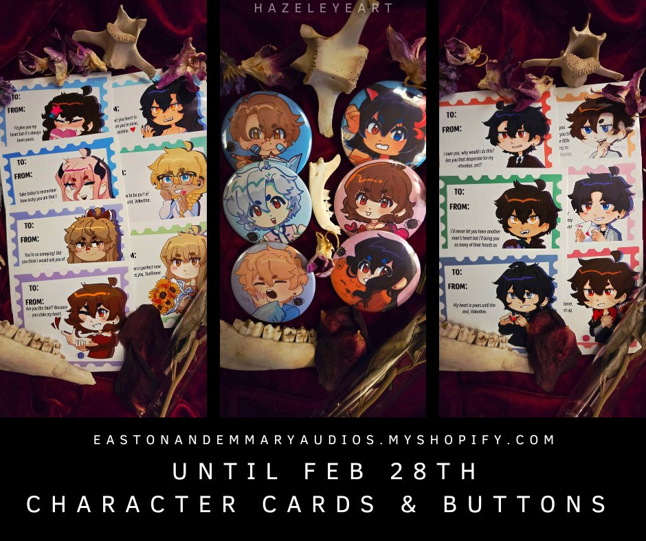 You know the drill~ 
Here's our updated schedule, our upcoming Patreon audios, and a last call for our shop until it's closed for the time being. Go on then, darling. You know where to find everything, don't you?

eastonandemmary.carrd.co