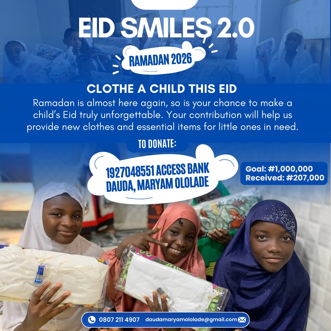 Day 10.🌙

Planning starts soon, so we can meet up with the kids wearing these clothes for Eid.

Be part of the reason someone have an unforgettable Eid this year!🥹

Donate here:
1927048551
DAUDA, Maryam Ololade.
Access Bank.

Jazakum llah khyran!🥹❤️
