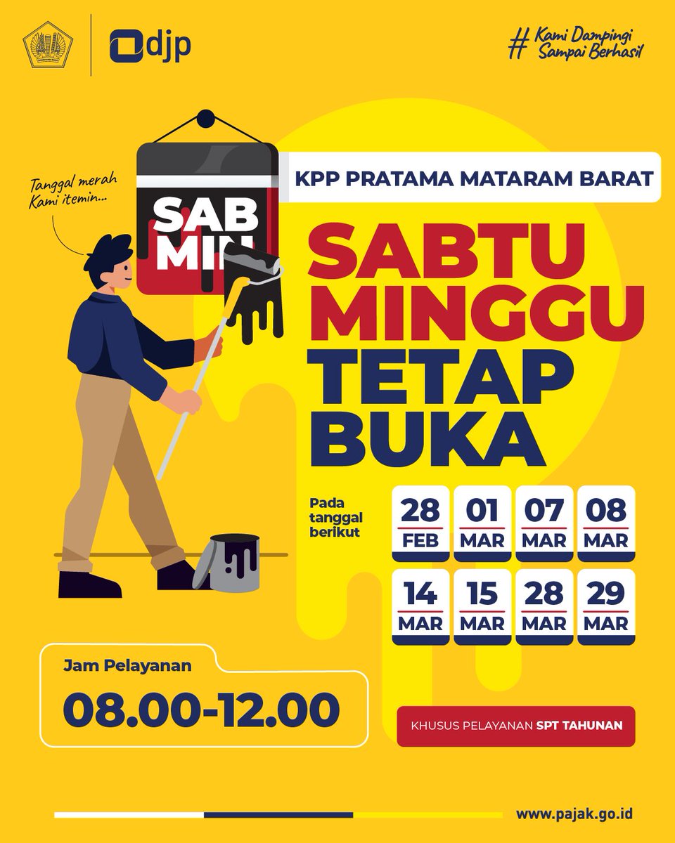 Halo Kawan Pajak 👋🏻

KPP Pratama Mataram Barat tetap buka di hari Sabtu dan Minggu selama bulan Maret 2026 khusus Layanan ✨Pelaporan SPT Tahunan Tahun Pajak 2025✨

Simak tanggal dan jam layanan kami pada postingan di atas.

#KamiDampingiSampaiBerhasil