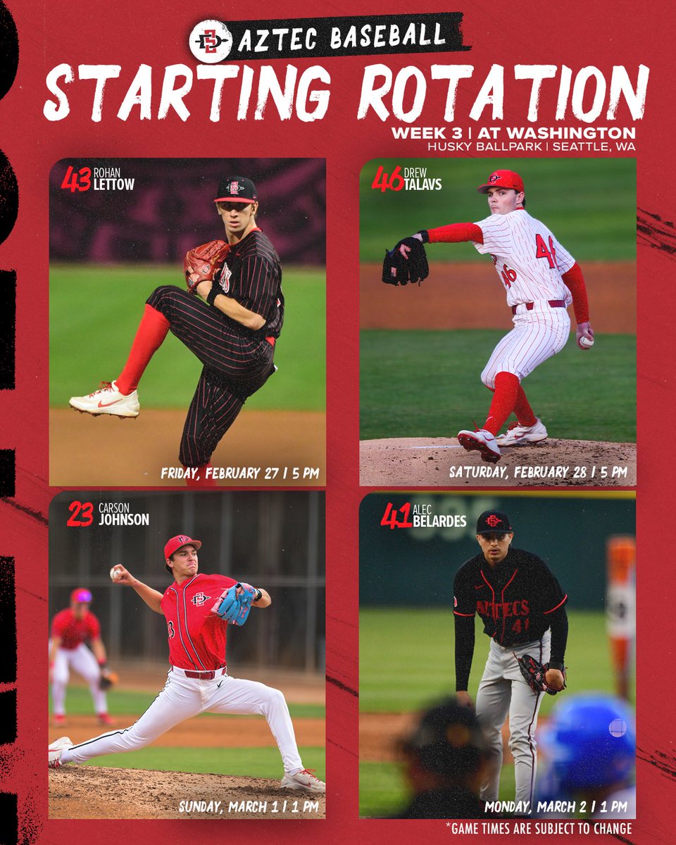 AztecBaseball's tweet photo. ready to play in the PNW 🌲

Rohan Lettow, Drew Talavs, Carson Johnson and Alec Belardes have been named as the starting rotation for our 4-game series at Washington! #GoAztecs https://t.co/A7vipcAriL