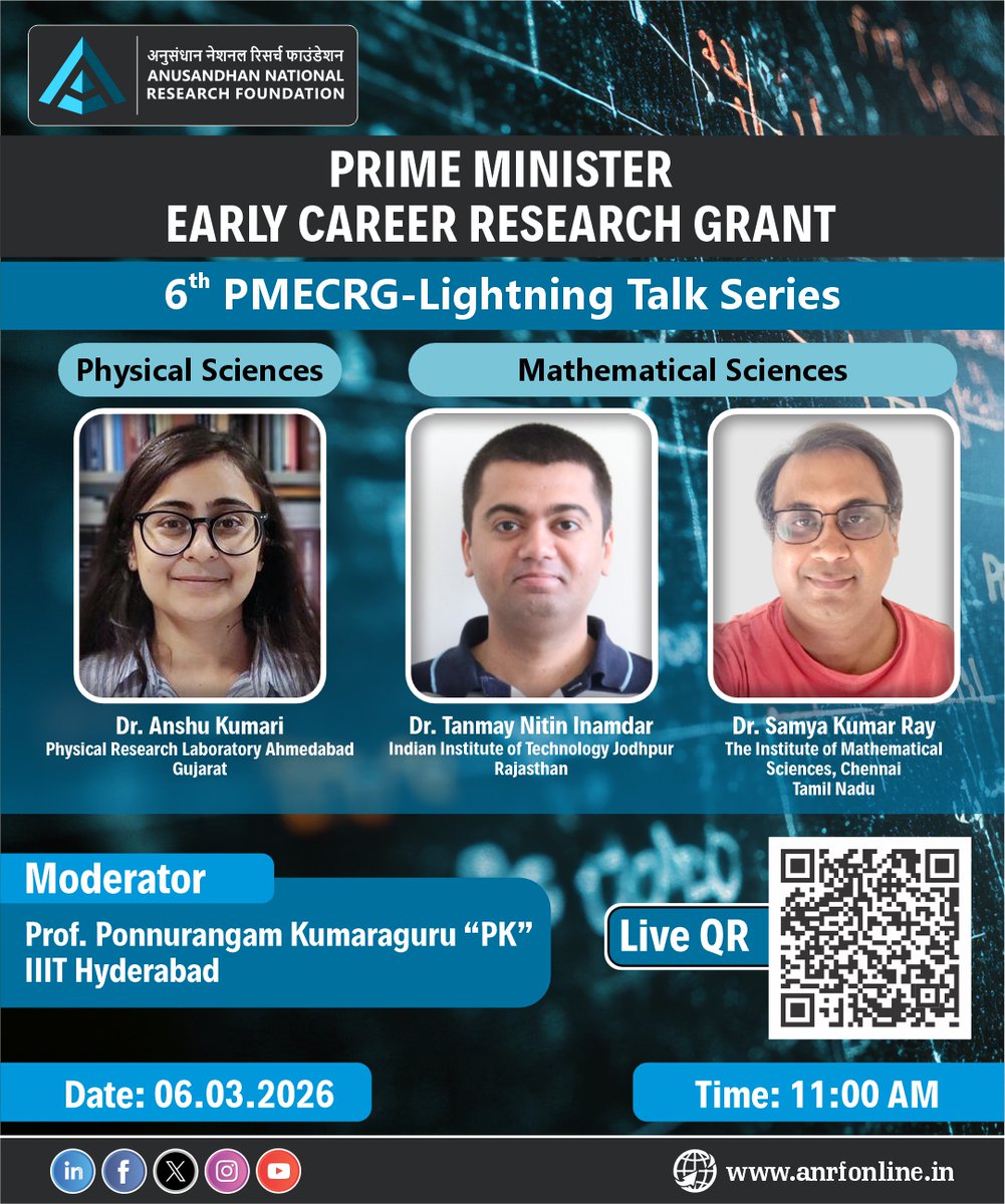 ANRFIndia's tweet image. 𝗝𝗼𝗶𝗻 𝘂𝘀 𝗳𝗼𝗿 𝗦𝗲𝘀𝘀𝗶𝗼𝗻 𝟲 𝗼𝗳 𝘁𝗵𝗲 𝗔𝗡𝗥𝗙–𝗣𝗠𝗘𝗖𝗥𝗚 𝗟𝗶𝗴𝗵𝘁𝗻𝗶𝗻𝗴 𝗧𝗮𝗹𝗸 𝗦𝗲𝗿𝗶𝗲𝘀

𝗗𝗮𝘁𝗲: 6 March 2026
𝗧𝗶𝗺𝗲: 11:00 AM

Scan the QR code or join the webinar: youtube.com/live/j3TTB75ni…

#ANRFIndia #ANRF #PMECRG