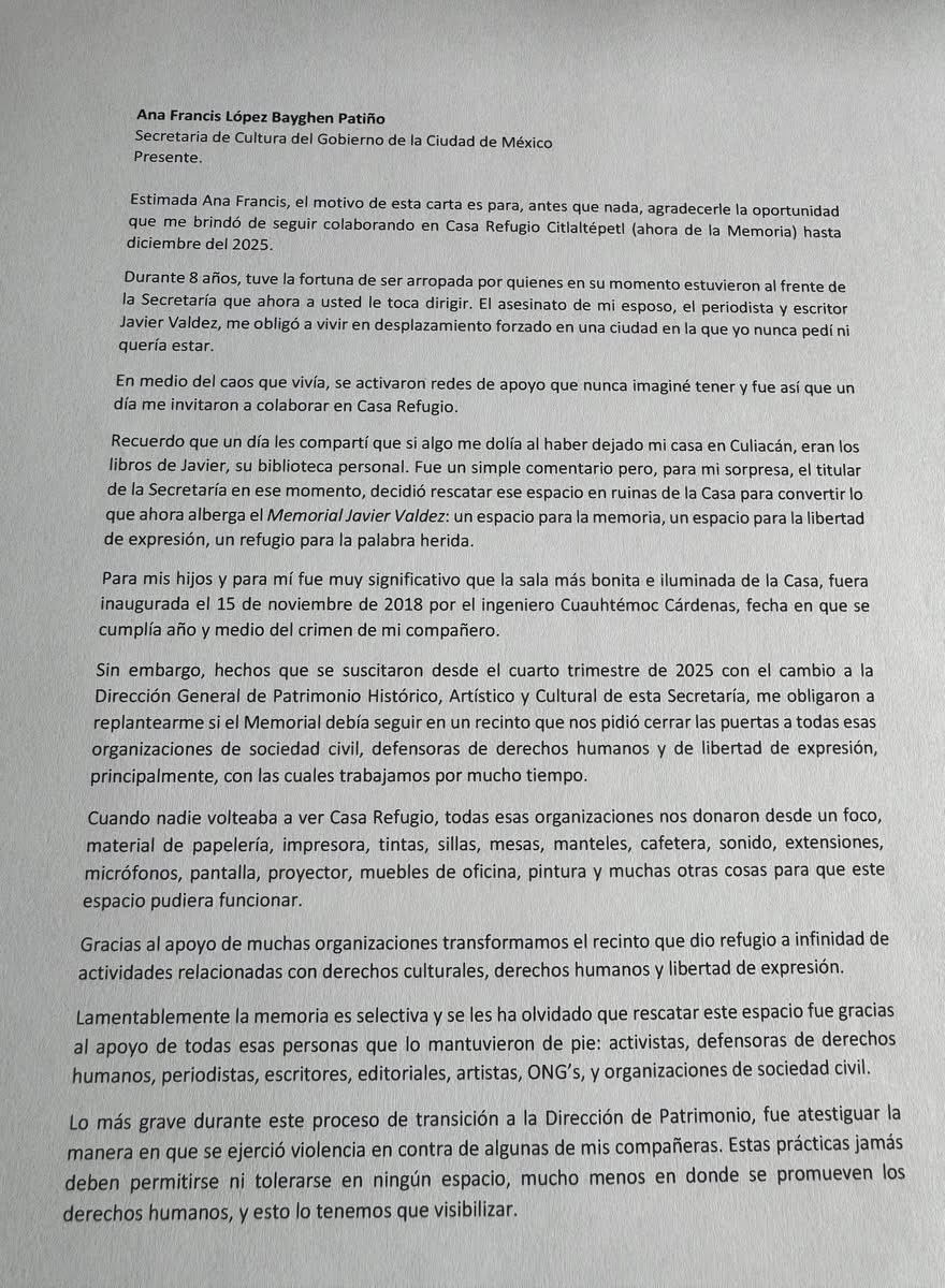 ray_sandoval's tweet photo. 🆘 Griselda Triana, la viuda de Javier Valdez, periodista asesinado en Sinaloa envió una carta a @anafrancismor notificando su decisión de retirar el Memorial en honor Javier 

Acá la carta ✍️ https://t.co/rAswTxXsEU