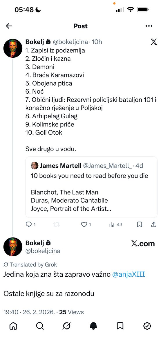 AnjaWeberXIII's tweet photo. Počašćenja od @bokeljcina 
Deset knjiga koje treba pročitati u životu a da su večne:
Crnjanski: Seobe
Amos Oz: Tale of Love and Darkness 
Ivo Andrić: Prokleta Avlija
Dostojevski: Zli Dusi / Demoni
Prust: U potrazi za izgubljenim vremenom 
Darel: Aleksandrijski Kvartet
Tolkin: Gospodar Prstenova
Tomas Man: Čarobni Breg
Solženjicin / Prilepin: Arhipelag Gulag/ Obitelj ( pa napraviti paralelu )
Mišima : Zlatni Paviljon
Nb. Dodala bih i sve od Ljudmile Ulicke i Jevgenija Vodolozakina.

Nb. Slušala sam da je revidiran u po ukazu Putina broj žrtava na Arhipelagu Gulag i broj pobijenih i umrlih po ukazu Putina. 
Tišma: Upotreba čoveka 
Tako da bi moj spisak bio još duži ali bilo bi previše 😊