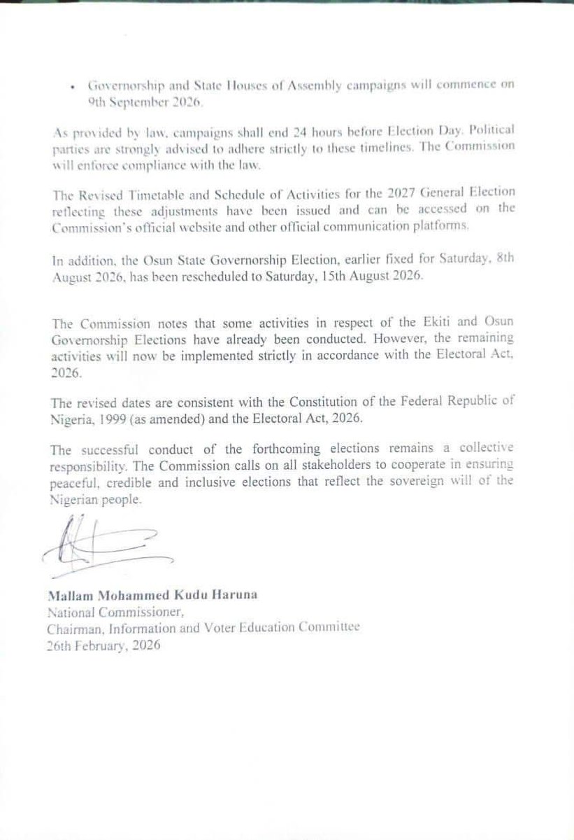 Thank you and well done to INEC for rescheduling the date of elections especially Osun State governorship so as not to affect Osun Osogbo festival.

Thank you for listening to the voices of all Onisese!