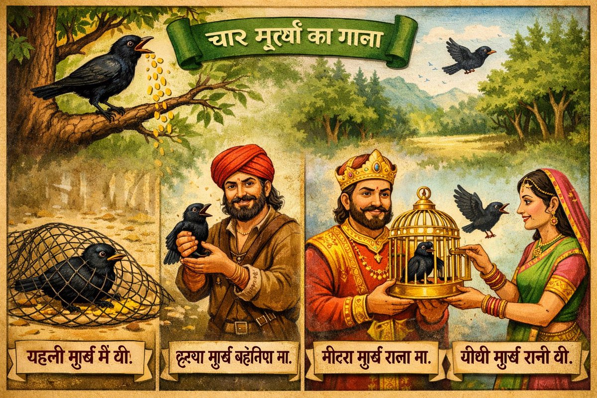 mr___rohitt's tweet photo. एक जंगल मे एक ऊँचे पेड़ पर एक काली चिडि़या रहती थी। जब वह गाती तो उसकी चोंच से सोने के दाने झड़ते थे। संयोग से एक दिन एक बहेलिए की नजर उस पर पड़ गयी। चिडि़या के मुँह से सोने के दाने झरते देख वह फूला नही समाया उसने मन ही मन कहा, "वाह! कितनी अच्छी तकदीर है मेरी! मैं इस चिडि़या को पकड़ कर अपने घर ले जाऊँगा। यह मुझे रोज सोने के दाने देगी। मैं धनवान हो जाऊँगा।"

फिर बहेलिए ने चिडि़या को पकड़ने के लिए उसने जमीन पर अपना जाल फैलाकर उस पर चावल के कुछ दाने बिखेर दिए। काली चिडि़या दाने चुगने नीचे उतरी और जाल मे फँस गई। बहेलिए ने चिडि़या को पकड़ लिया फिर उसे वह अपने घर ले गया। उस दिन से बहेलिए को रोज सोने के दाने मिलने लगे। देखते देखते वह अमीर आदमी बन गया। उसने सोचा! कि उसे कुछ प्रसिद्धि और सम्मान मिलना चाहिए। इसलिए उसने चिडि़या के लिए सोने का पिजड़ा बनवाया। फिर उसने वह चिडि़या राजा को भेंट कर दी। उपहार देते हुए राजा से कहा। महाराज!, "यह चिडि़या आपके महल मे मधुर गीत गाएगी। आपको सोने के कुछ दाने भी देगी।" यह उपहार पाकर राजा बहुत प्रसन्न हुआ। उसने बहेलिए को अपने दरबार मे ऊँचा ओहदा दिया। जल्द ही राजा के पास ढेर सारे सोने के दाने जमा हो गए राजा ने वह सोने की चिडि़या रानी को भेंट कर दी। रानी ने पिंजड़े का दरवाजा खोलकर चिडि़या को आजाद कर दिया और सोने का पिजड़ा शाही सुनार को देकर कहा। इस सोने के पिजड़े से मेरे लिए सुंदर सुंदर गहने गढ़ दो। 

चिडि़या उड़ती हुई वापस जंगल मे चली गई। अब रोज सबेरे वह चार मूर्खो का गाना गाने लगी। 

पहली मूर्ख मैं थी। जो बहेलिए के जाल में फंसी।
दूसरा मूर्ख बहेलिया था। जिसने मुझे राजा को भेंट कर दिया।
तीसरा मूर्ख राजा था। जिसने मुझे रानी को दे दिया
चौथी मूर्ख रानी थी। जिसने मुझे आजाद कर दिया