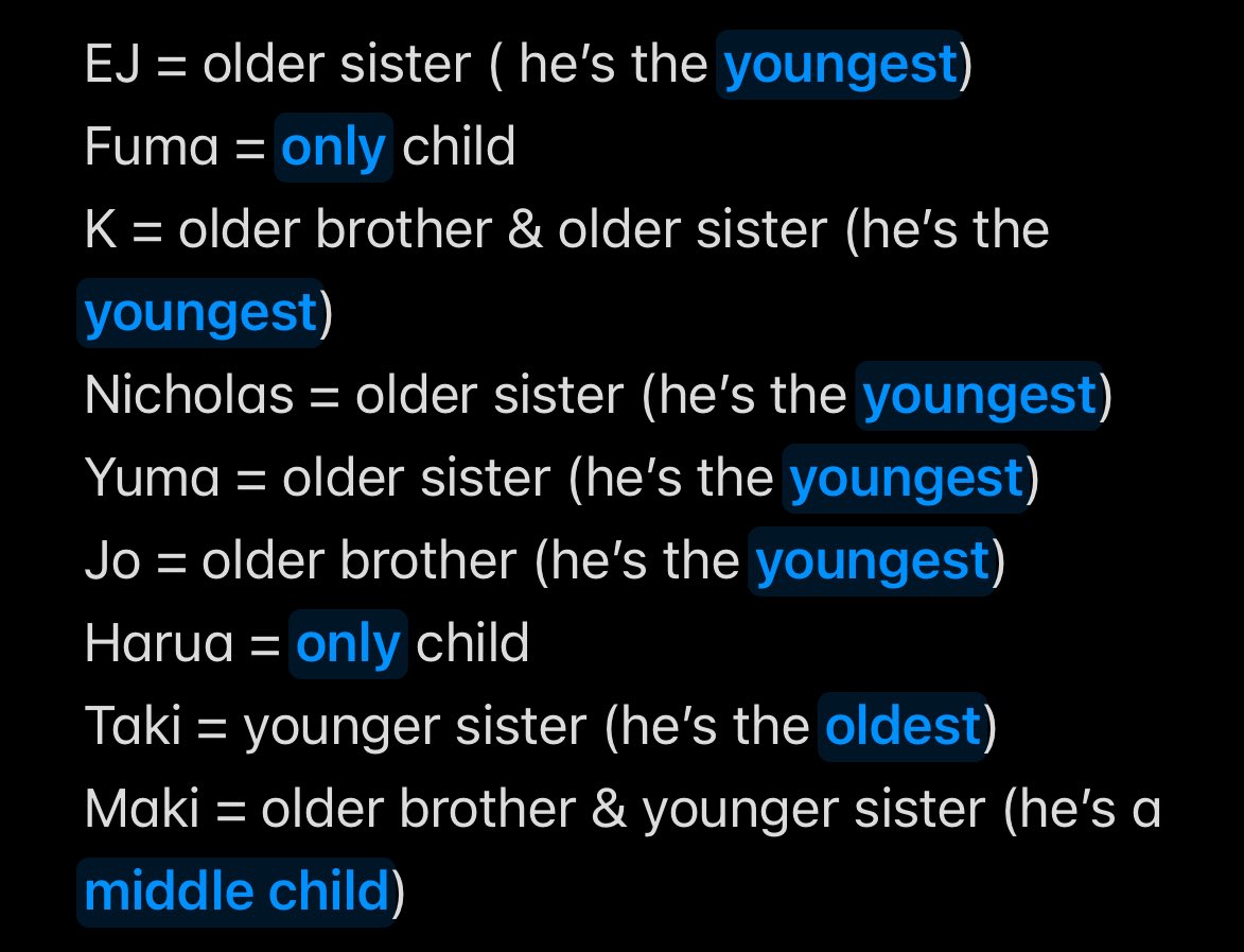 For new Lunés or Lunés in general who don’t know if any teamies have siblings: 
Also it’s so funny to know that almost all of Hyung line are the Maknae in their families while Taki is the oldest in his😭😭 Also Maki being the only middle child here