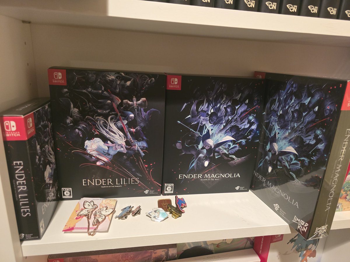 GelidMatcha's tweet photo. The collection is complete! LRG edition of Ender Magnolia came in today! The box is just a liiiiittle too big for the shelf, so we need to find a new spot for them. 😁 @LimitedRunGames @EnderLiliesGame https://t.co/zBbkTyiJsj