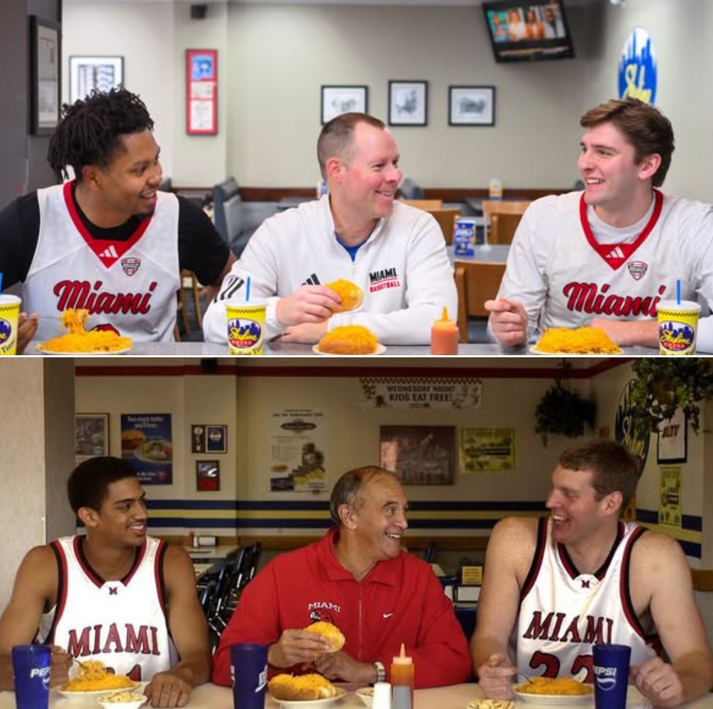 OK, this is really well done, Miami...

Buddy who is a proud alum sent this to me.

RedHawks recreate this Skyline Chili gem with Eian Elmer, Travis Steele and Peter Suder.

Original was taken in 2005 with Nathan Peavy, the late, great Charlie Coles and Nate VanderSluis.