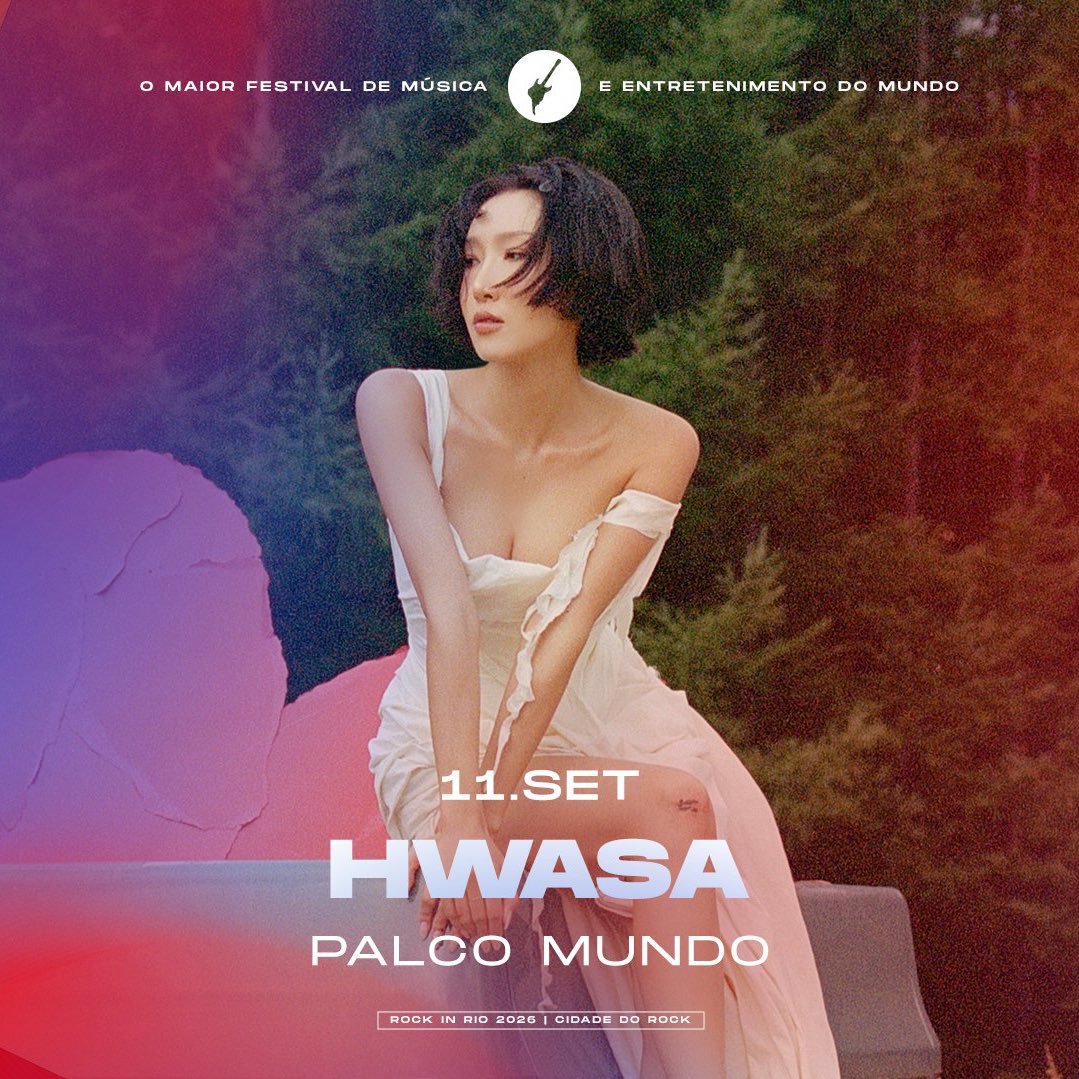 tabomkorea's tweet photo. A cantora sul-coreana HWASA (MAMAMOO) foi confirmada na programação do Rock in Rio 2026. A apresentação está marcada para o dia 11 de setembro, mesma data em que o grupo Stray Kids se apresenta no festival.

#kpop #tabomkorea https://t.co/LrzHv9Ew17