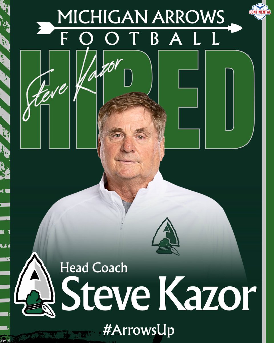 CoFLArrows's tweet photo. We are proud to announce and welcome our head coach Steve Kazor!

Quote from Coach Mike Nolan
"With 70 NFL tryouts and 48 signings in 2 years! A no EGO guy will do the dirty work and be happy behind the scenes" https://t.co/oMLiFRcocU