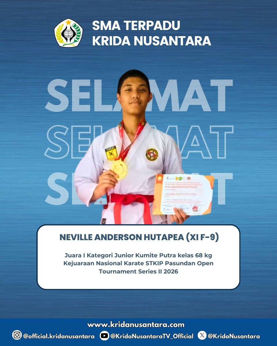 KridaNusantara's tweet photo. #SMATKN
Selamat atas prestasi membanggakan yang diraih oleh Neville Anderson Hutapea (XI F-9) dan Satria Wiratama (XI F-6), Juara I & II Junior Kumite Putra 68 kg Kejuaraan Nasional Karate STKIP Pasundan Open Tournament Series II 2026. 🏆🥋
#KridaNusantara #KN29 https://t.co/5k7Aa4EGRu