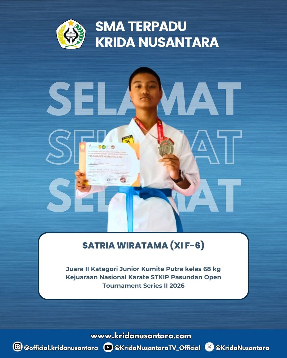 KridaNusantara's tweet photo. #SMATKN
Selamat atas prestasi membanggakan yang diraih oleh Neville Anderson Hutapea (XI F-9) dan Satria Wiratama (XI F-6), Juara I & II Junior Kumite Putra 68 kg Kejuaraan Nasional Karate STKIP Pasundan Open Tournament Series II 2026. 🏆🥋
#KridaNusantara #KN29 https://t.co/5k7Aa4EGRu