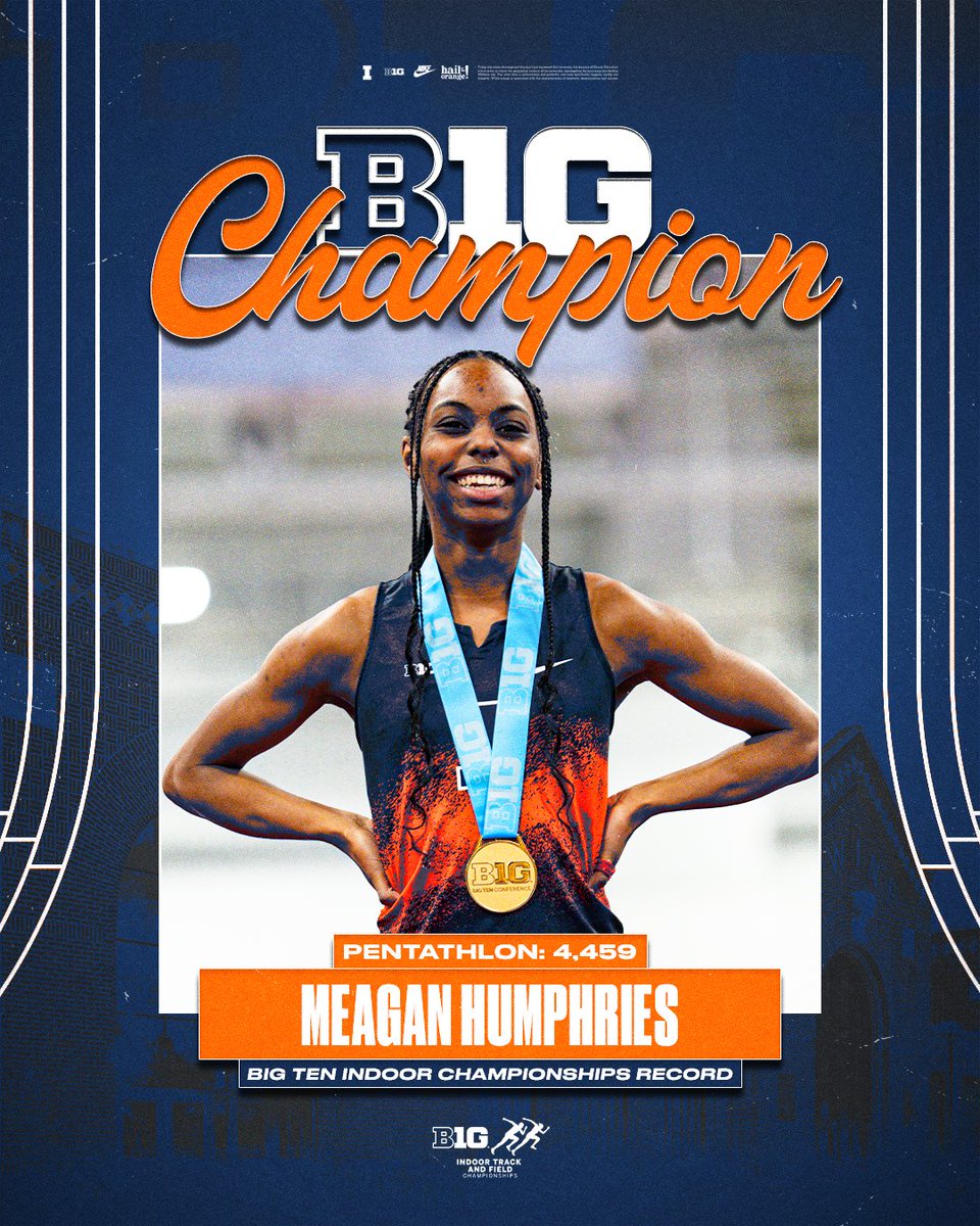 IlliniTrackXC's tweet photo. HAVE. A. DAY. Meagan Humphries 🥇

She recorded PBs in all FIVE events of the pentathlon to shatter the meet and school record with 4,459 points!

She's the NCAA leader and Illinois' first pentathlon Big Ten Champion since Camee' Williams in 2002!

#WhyNotILL I #B1GTF https://t.co/1vh0bpalbB