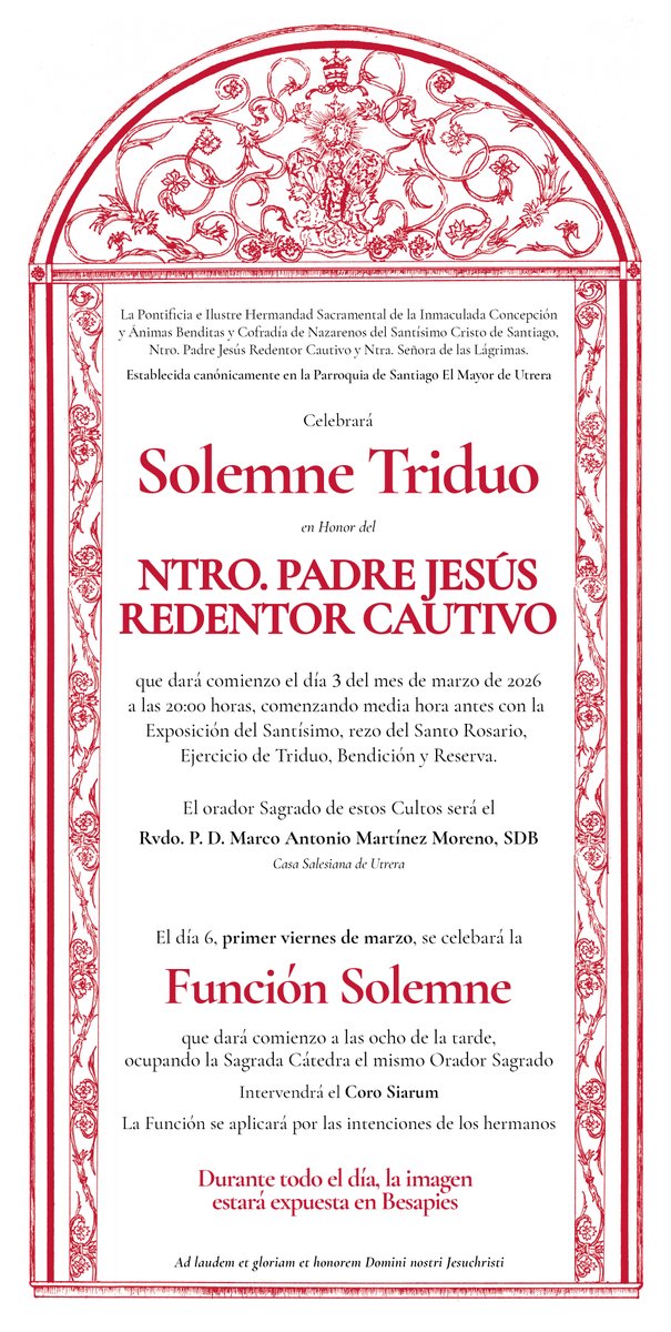 Hdad_CautivoUt's tweet image. ◾ CULTOS EN HONOR A NTRO. PADRE JESÚS REDENTOR CAUTIVO

Triduo (3–5 marzo) | 19:30h Exposición del Stmo., Rosario y Triduo. Santa Misa (20:00h). Preside Rvdo. P. D. Marco Antonio Martínez Moreno, SDB.

Besapiés y Función (6 marzo) | Besapiés todo el día.  Función a las 20:00h.