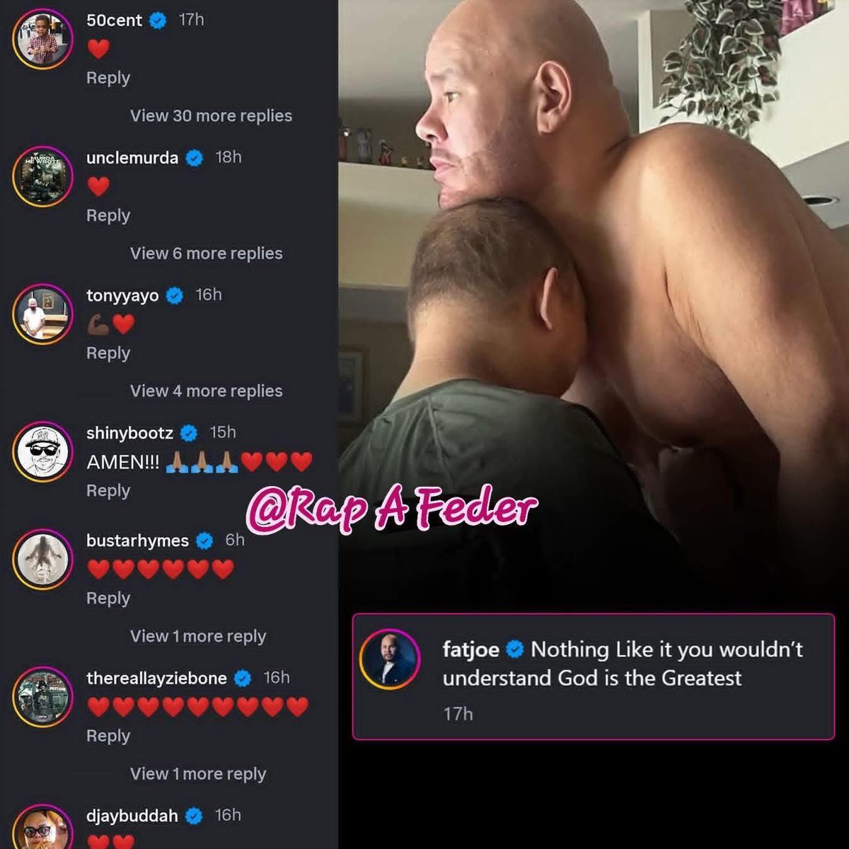 50 Cent, Busta Rhymes, Layzie Bone, Tony Yayo, Uncle Murda e outros reagem à publicação emocionante de Fat Joe com o seu filho Joey, que tem síndrome de Down 🥹

Apesar da mãe do bebé querer dar Joey para adoção, Fat Joe recusou e criou-o como pai solteiro. Ele chama Joey de sua