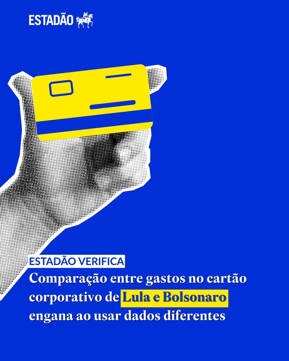 ESTADÃO VERIFICA | Comparação entre gastos no cartão corporativo de Lula e Bolsonaro engana ao usar dados diferentes 🔗 x.gd/x7ZkR

Postagens mencionam valor de R$ 1,4 bilhão no governo petista, mas número se refere a todos os órgãos da administração federal; 78%