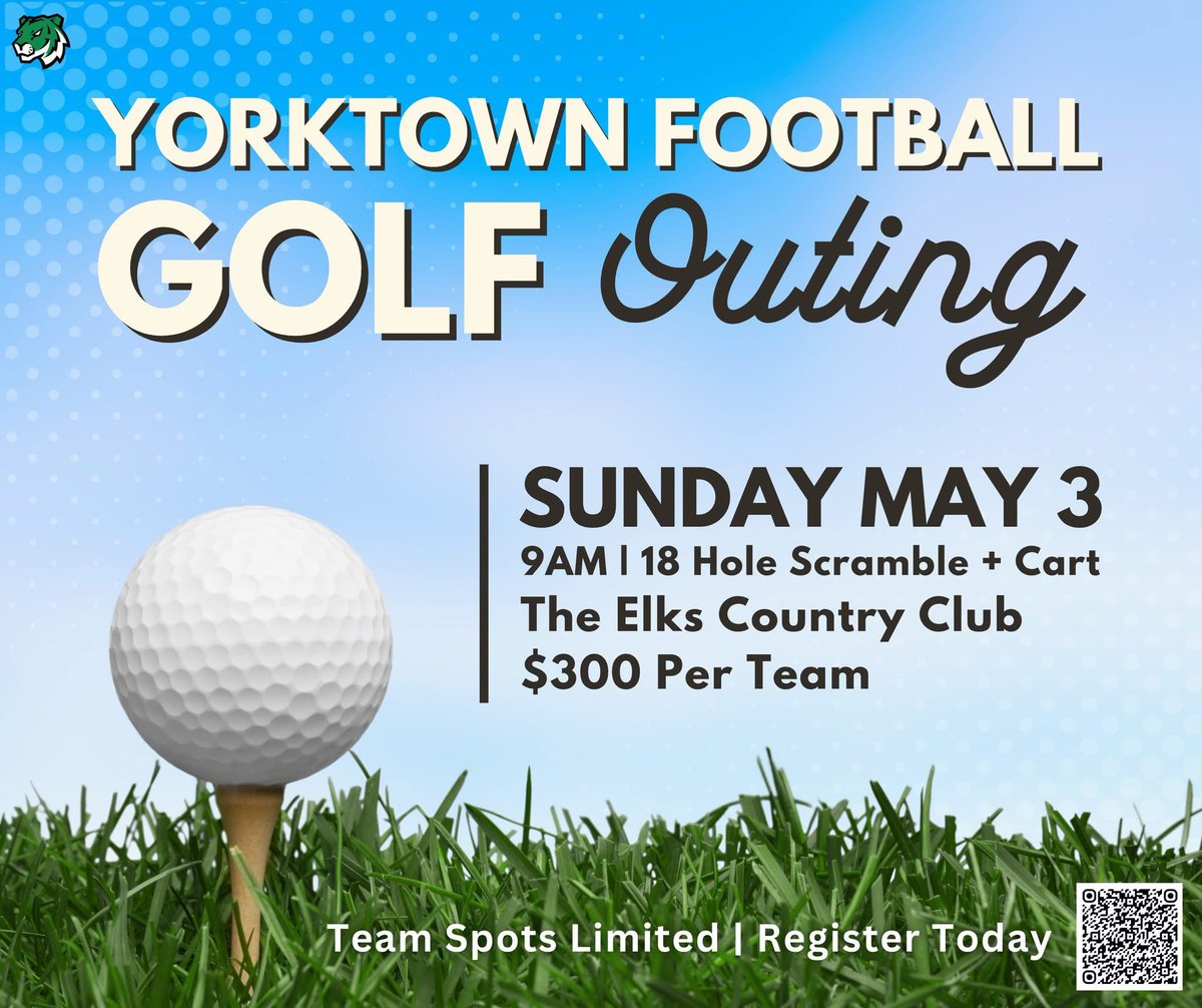 Yorktown_FB's tweet photo. 🏈 Yorktown Football Golf Outing ⛳️

📅 May 3 | The Elks
🕗 8AM Reg | 9AM Shotgun

⛳️ 4-Person Scramble
💰 $300 per team
🏆 Prizes • Food • Contests

⚠️ Only 26 teams available

⛳️ Team Registration:
https://t.co/g2q1fn4EG7

🏌️ Hole Sponsorships:
https://t.co/md8vnTHkEg https://t.co/AP78NlNTxA