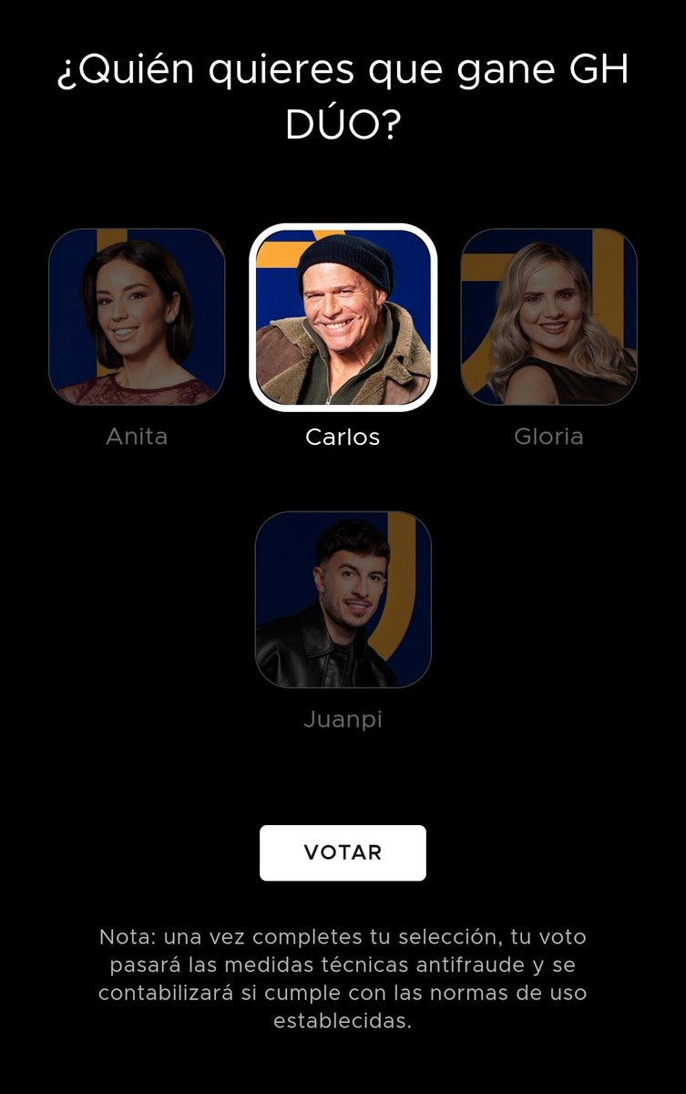 Todo el mundo en masa, hagamos justicia a este reality.

Carlos fue subcampeón de GH VIP, está vez, no hay dudas se lo merece.

#GHDuo26F #GHDuo27F #GHDuo #CarlosGanador #GHDuoFinalistas