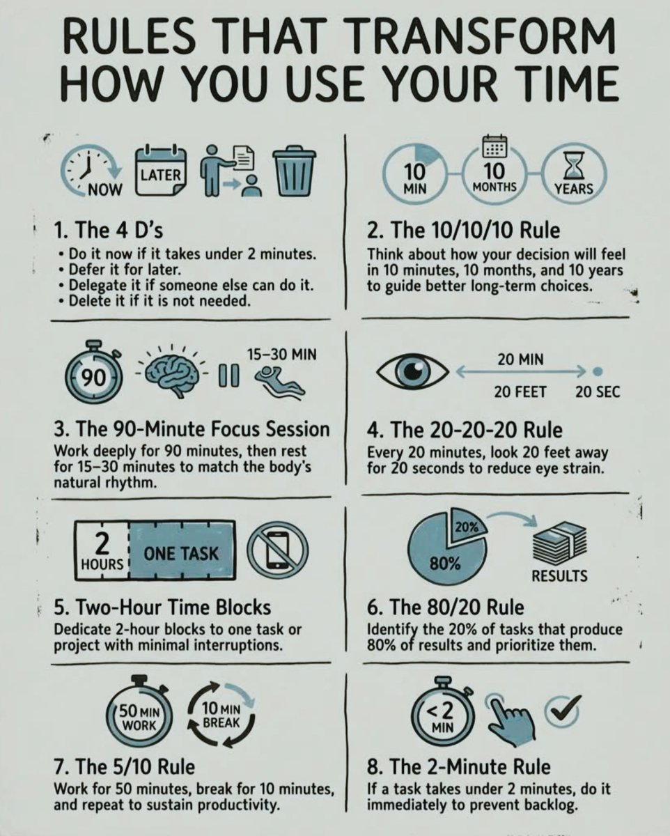 fig3lvl's tweet photo. 🧭 Simple Time Rules That Actually Work

The 4 D’s
10‑10‑10 thinking
90‑minute focus
Two‑hour blocks
80/20 priorities

Small changes make your day calmer and more productive

#productivitytips https://t.co/JOWiklj3L2