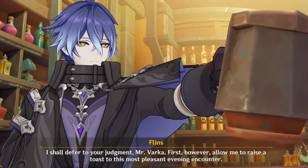 #varflins #团执

Flins's "听您的" (I'll listen to you, of course) in CN sounds too doting towards Varka. CN varflins felt too much like a married couple on a drinking date.