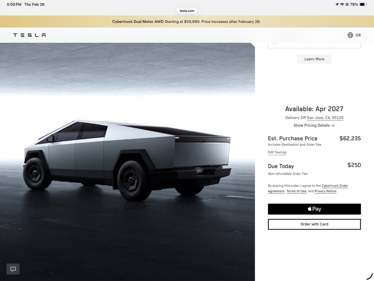 With a wait going now until April of 2027 it looks like Tesla has sold over 100,000 of the newer $59k Cybertruck over the last week

Crazy demand for this