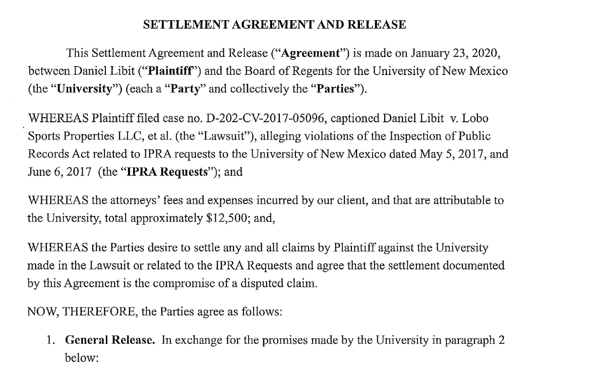 DanielLibit's tweet photo. .@GeoffGrammer reports that @PlayflySports claims new naming-rights deal for The Pit is exempt from public records law. Not so fast. In 2020, UNM settled an IPRA lawsuit I filed by agreeing that all MMR partner records like this would be disclosed going forward. #SHOWLOBOS https://t.co/pv9aMvtPNh