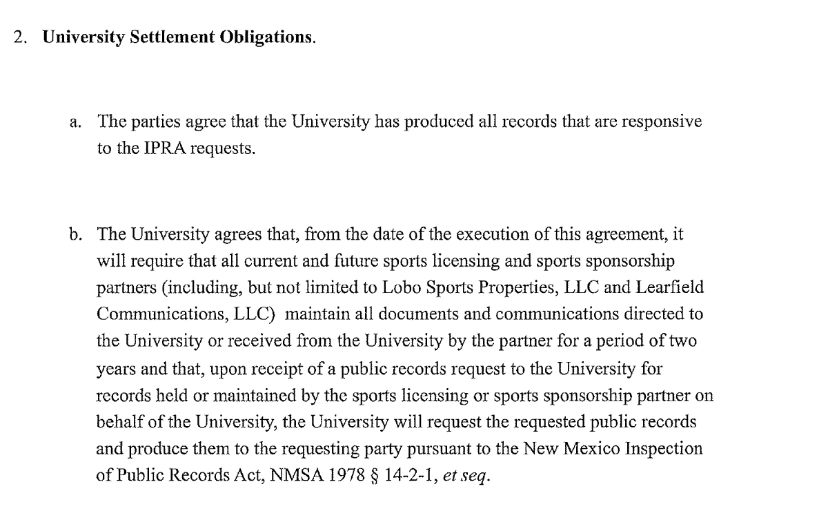 DanielLibit's tweet photo. .@GeoffGrammer reports that @PlayflySports claims new naming-rights deal for The Pit is exempt from public records law. Not so fast. In 2020, UNM settled an IPRA lawsuit I filed by agreeing that all MMR partner records like this would be disclosed going forward. #SHOWLOBOS https://t.co/pv9aMvtPNh