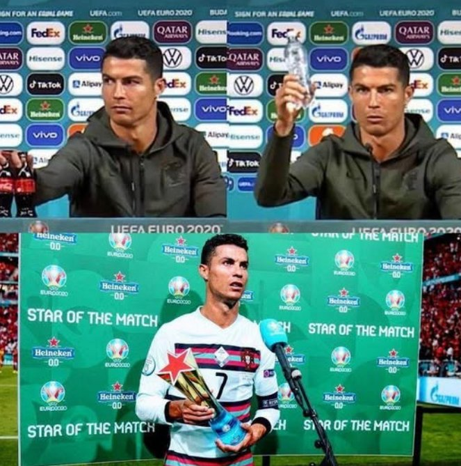 FTBLsection's tweet photo. Back in 2021, Cristiano Ronaldo had just been named MOTM after scoring a brace against Hungary in the Euros. He sat down in the press conference room, ready to speak to the media.

CR7 saw some Coca-Cola's bottles placed near his microphone. Ronaldo took the bottles, looked at the journalists and told them to NOT drink Coca-Cola and only drink water instead.

The devastating effects of this gesture? A $4 BILLION DROP in Coca-Cola's market value and a 1.6% share price drop.